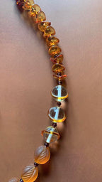 Necklace set | Wire-wrapped agate pendant, 1930s Czech honey amber molded glass rounds, vintage clear amber-reigned rounds, Czech nesting folded disks