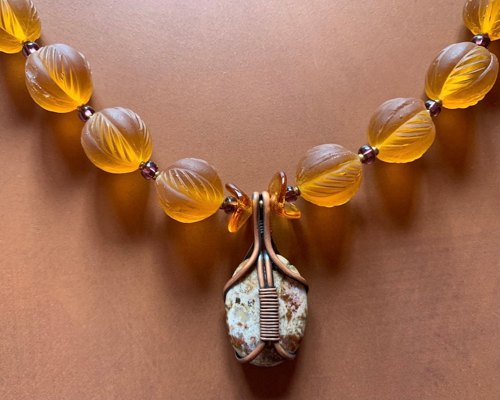 Necklace set | Wire-wrapped agate pendant, 1930s Czech honey amber molded glass rounds, vintage clear amber-reigned rounds, Czech nesting folded disks