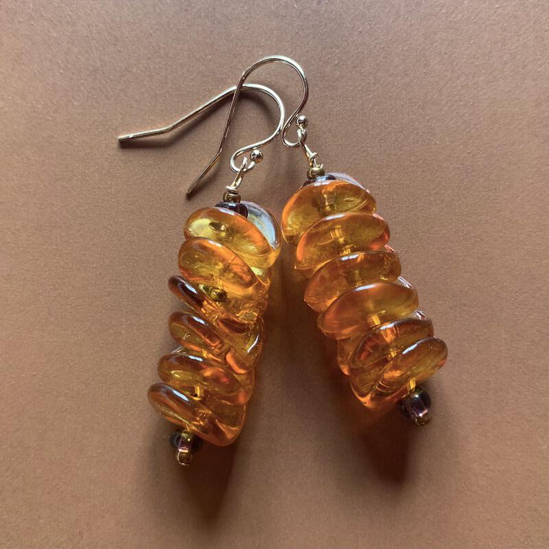 Necklace set | Wire-wrapped agate pendant, 1930s Czech honey amber molded glass rounds, vintage clear amber-reigned rounds, Czech nesting folded disks