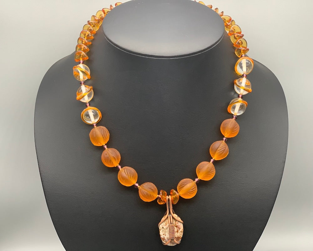 Necklace set | Wire-wrapped agate pendant, 1930s Czech honey amber molded glass rounds, vintage clear amber-reigned rounds, Czech nesting folded disks
