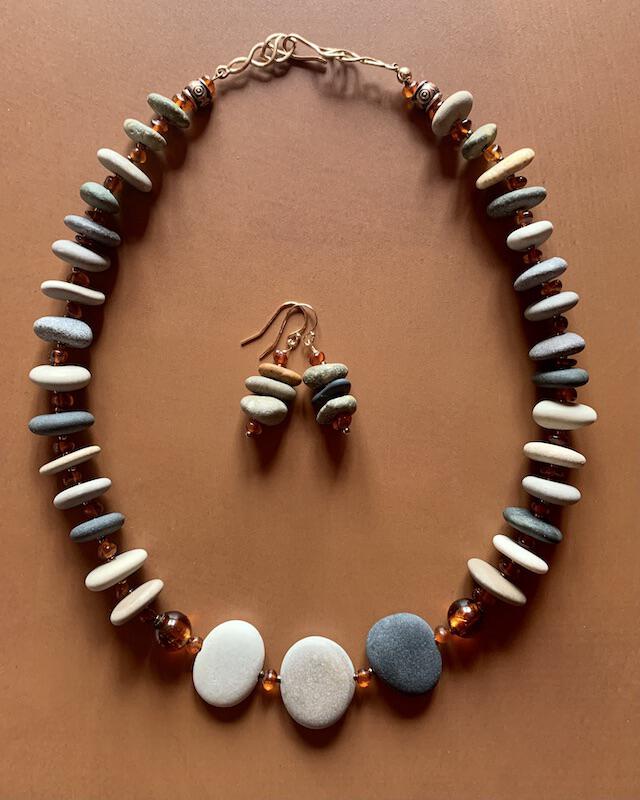 Necklace set | River stones beach pebbles amber nuggets vintage German glass Celtic knot clasp