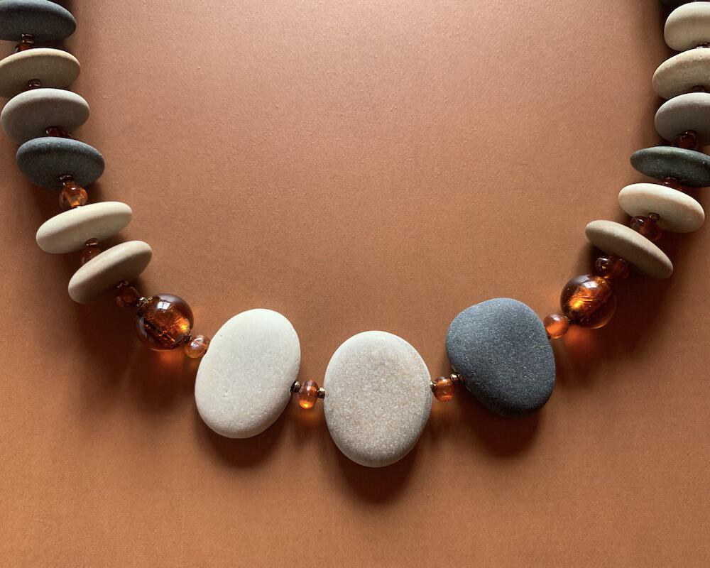 Necklace set | River stones beach pebbles amber nuggets vintage German glass Celtic knot clasp