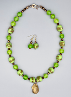 Necklace Set | Bronze angelwing shell pendant, 1950s chartreuse/aventurina 3-sided glass beads