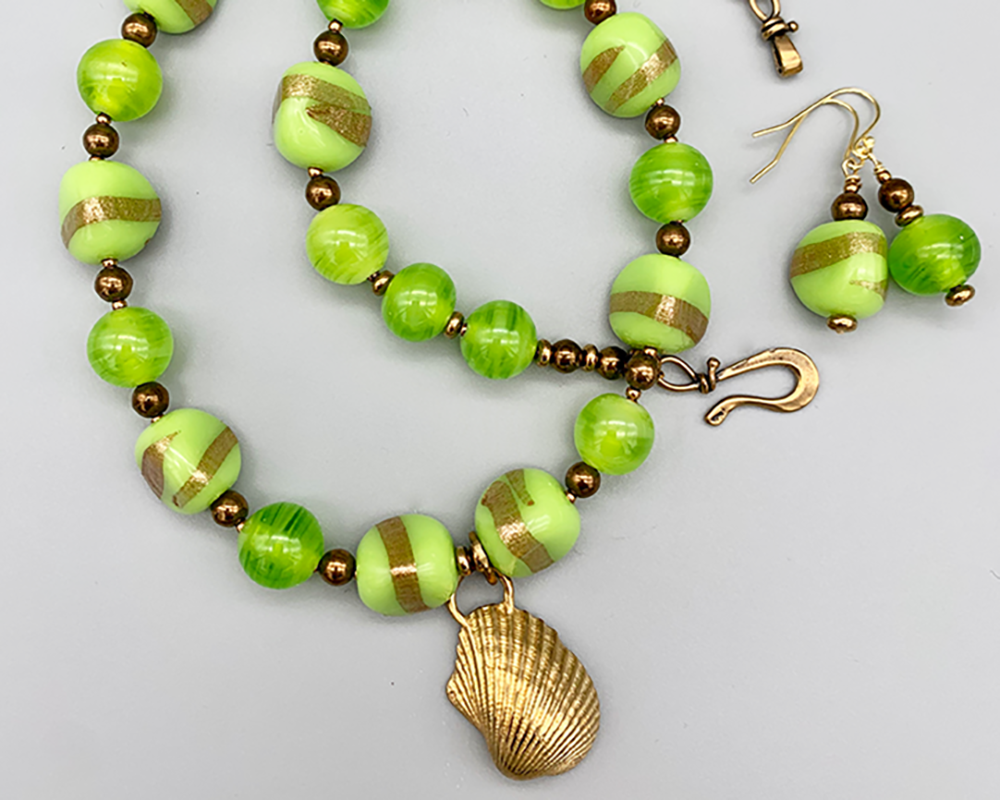 Necklace Set | Bronze angelwing shell pendant, 1950s chartreuse/aventurina 3-sided glass beads