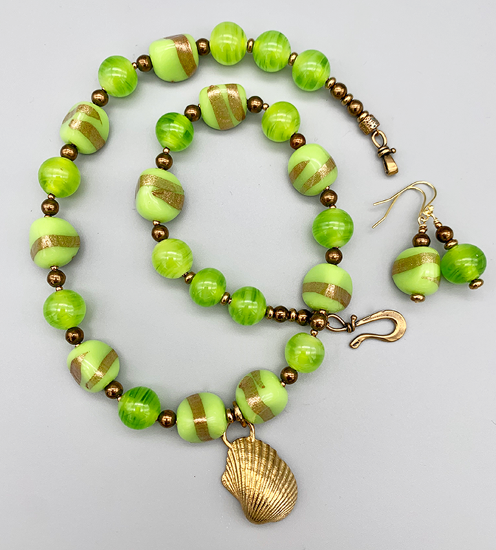 Necklace Set | Bronze angelwing shell pendant, 1950s chartreuse/aventurina 3-sided glass beads