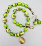 Necklace Set | Bronze angelwing shell pendant, 1950s chartreuse/aventurina 3-sided glass beads