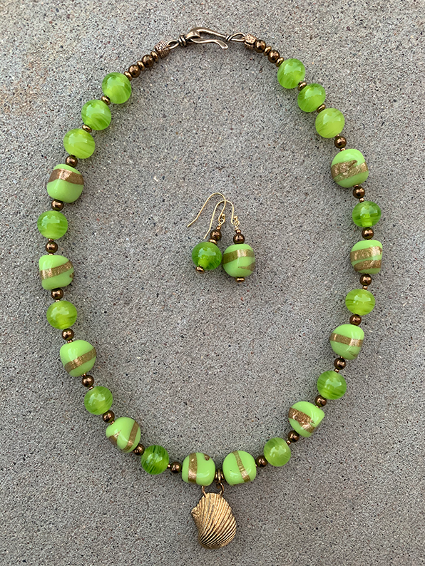 Necklace Set | Bronze angelwing shell pendant, 1950s chartreuse/aventurina 3-sided glass beads