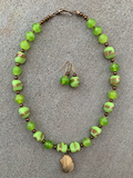 Necklace Set | Bronze angelwing shell pendant, 1950s chartreuse/aventurina 3-sided glass beads