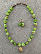 Necklace Set | Bronze angelwing shell pendant, 1950s chartreuse/aventurina 3-sided glass beads