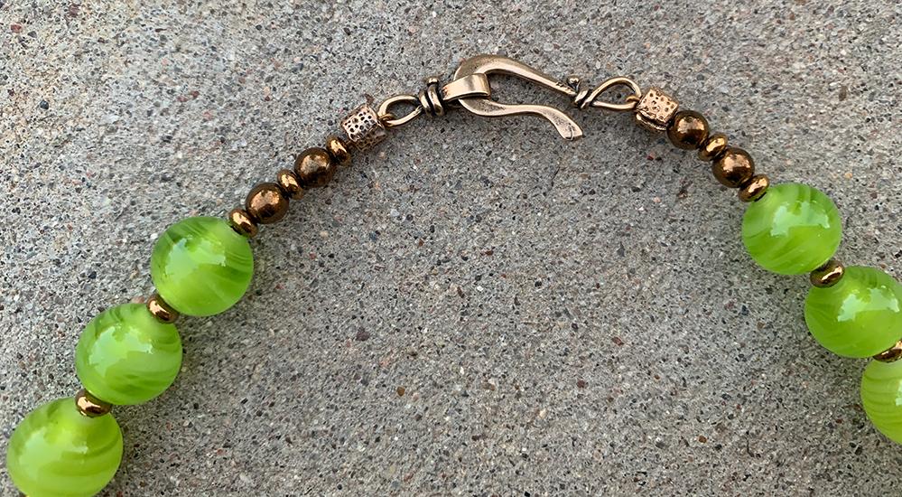 Necklace Set | Bronze angelwing shell pendant, 1950s chartreuse/aventurina 3-sided glass beads