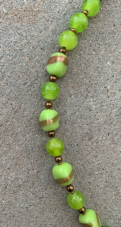Necklace Set | Bronze angelwing shell pendant, 1950s chartreuse/aventurina 3-sided glass beads