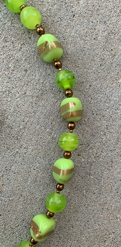 Necklace Set | Bronze angelwing shell pendant, 1950s chartreuse/aventurina 3-sided glass beads