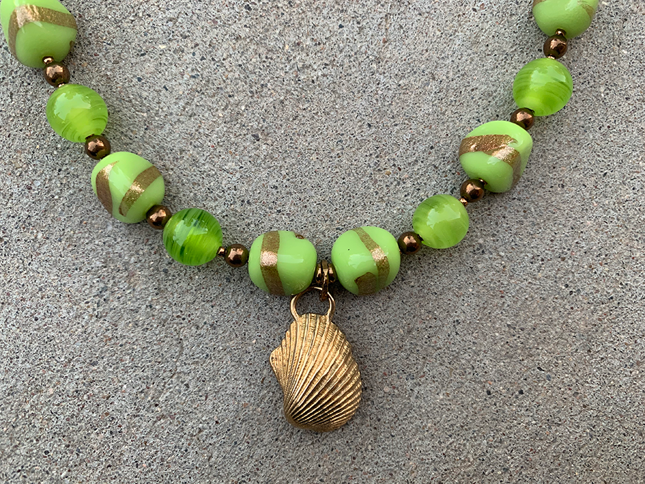 Necklace Set | Bronze angelwing shell pendant, 1950s chartreuse/aventurina 3-sided glass beads