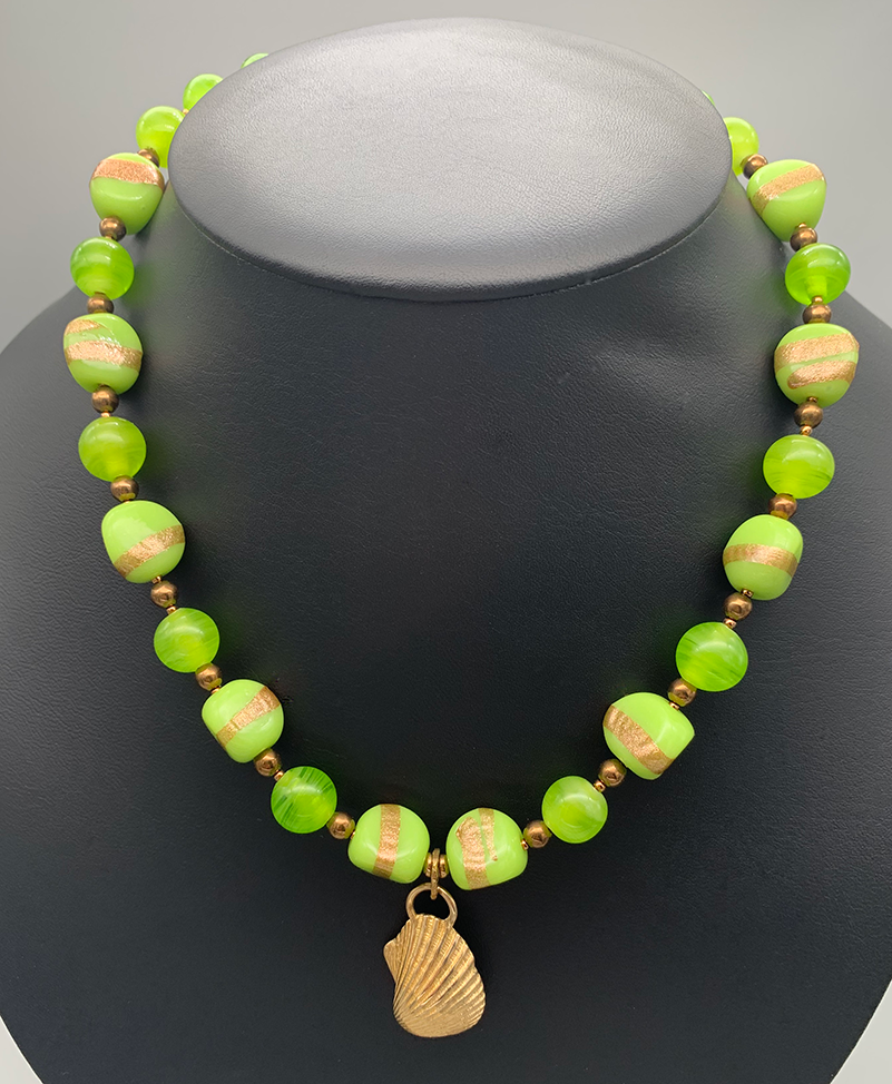 Necklace Set | Bronze angelwing shell pendant, 1950s chartreuse/aventurina 3-sided glass beads
