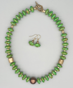 Necklace Set | Apple green turquoise rondelles, 1920-30s metallic glass pearl focal, artisan bronze
