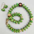 Necklace Set | Apple green turquoise rondelles, 1920-30s metallic glass pearl focal, artisan bronze