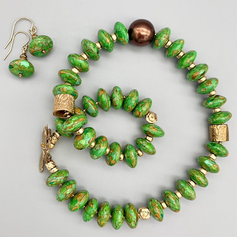 Necklace Set | Apple green turquoise rondelles, 1920-30s metallic glass pearl focal, artisan bronze