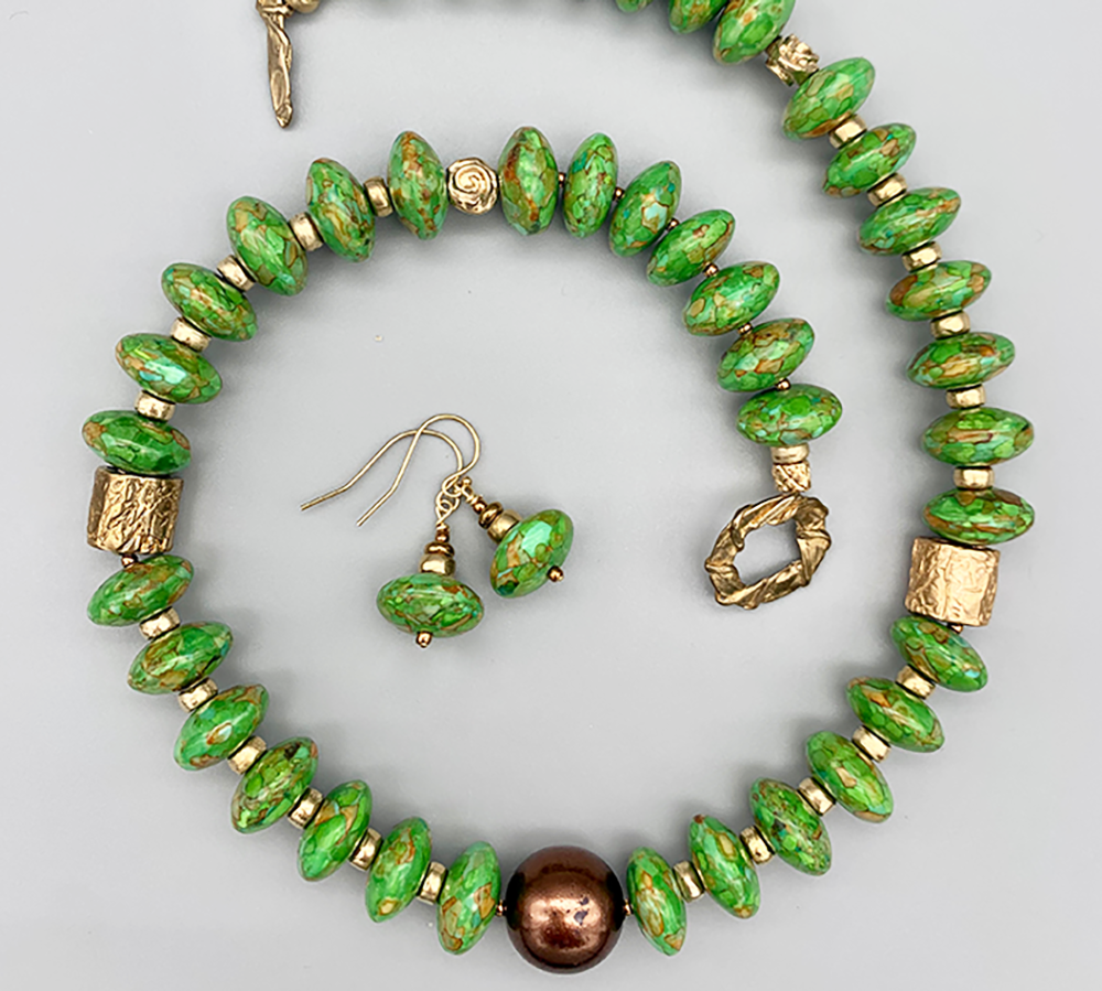 Necklace Set | Apple green turquoise rondelles, 1920-30s metallic glass pearl focal, artisan bronze
