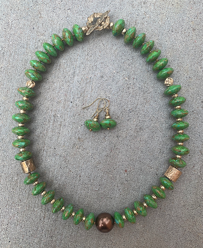Necklace Set | Apple green turquoise rondelles, 1920-30s metallic glass pearl focal, artisan bronze