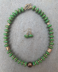 Necklace Set | Apple green turquoise rondelles, 1920-30s metallic glass pearl focal, artisan bronze