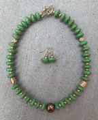 Necklace Set | Apple green turquoise rondelles, 1920-30s metallic glass pearl focal, artisan bronze