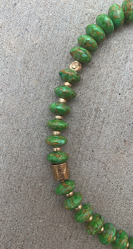 Necklace Set | Apple green turquoise rondelles, 1920-30s metallic glass pearl focal, artisan bronze