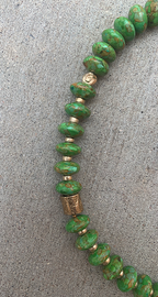 Necklace Set | Apple green turquoise rondelles, 1920-30s metallic glass pearl focal, artisan bronze
