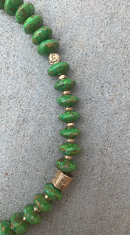 Necklace Set | Apple green turquoise rondelles, 1920-30s metallic glass pearl focal, artisan bronze