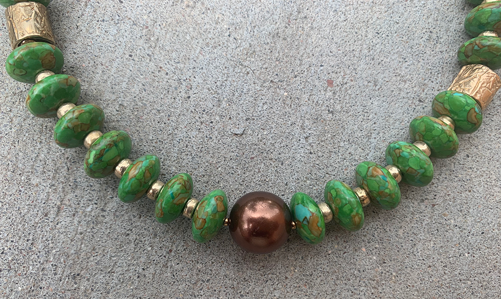 Necklace Set | Apple green turquoise rondelles, 1920-30s metallic glass pearl focal, artisan bronze