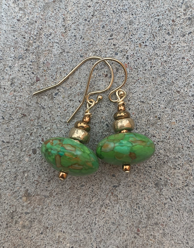 Necklace Set | Apple green turquoise rondelles, 1920-30s metallic glass pearl focal, artisan bronze