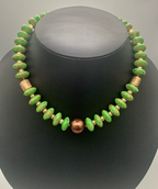 Necklace Set | Apple green turquoise rondelles, 1920-30s metallic glass pearl focal, artisan bronze