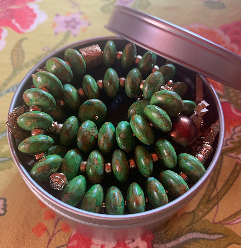 Necklace Set | Apple green turquoise rondelles, 1920-30s metallic glass pearl focal, artisan bronze