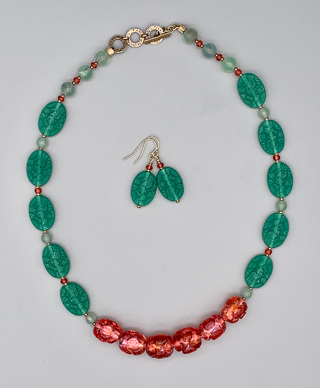 Necklace Set | Watermelon palette — aqua-green pressed glass and vivid sparkling watermelon pink vintage glass beads