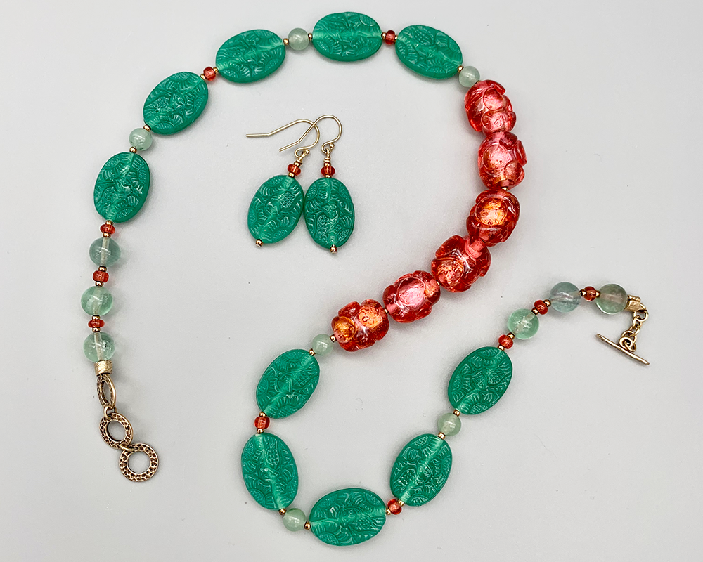 Necklace Set | Watermelon palette — aqua-green pressed glass and vivid sparkling watermelon pink vintage glass beads
