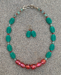 Necklace Set | Watermelon palette — aqua-green pressed glass and vivid sparkling watermelon pink vintage glass beads