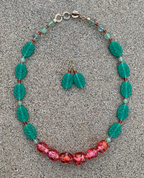 Necklace Set | Watermelon palette — aqua-green pressed glass and vivid sparkling watermelon pink vintage glass beads