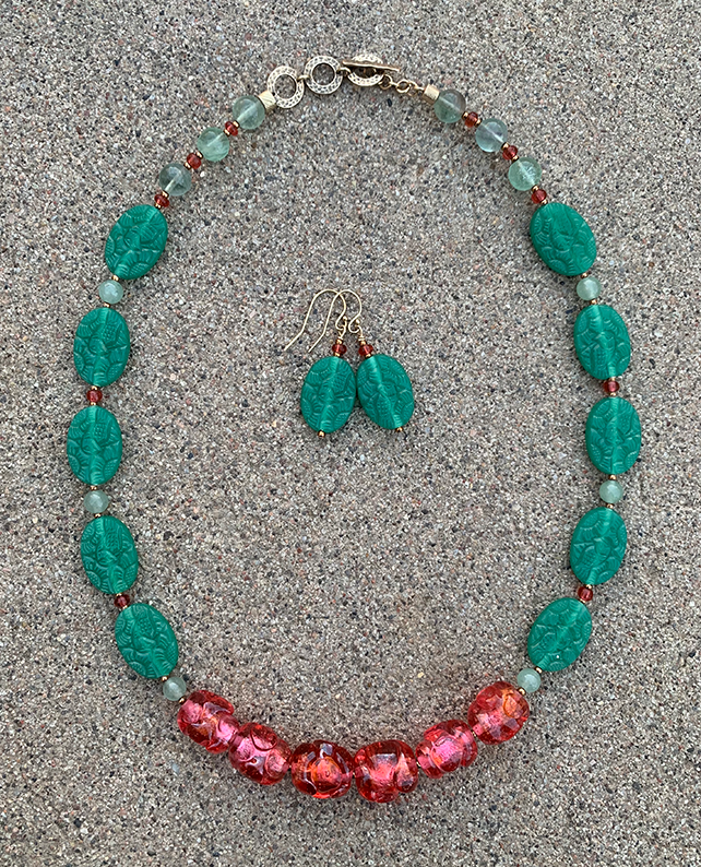 Necklace Set | Watermelon palette — aqua-green pressed glass and vivid sparkling watermelon pink vintage glass beads