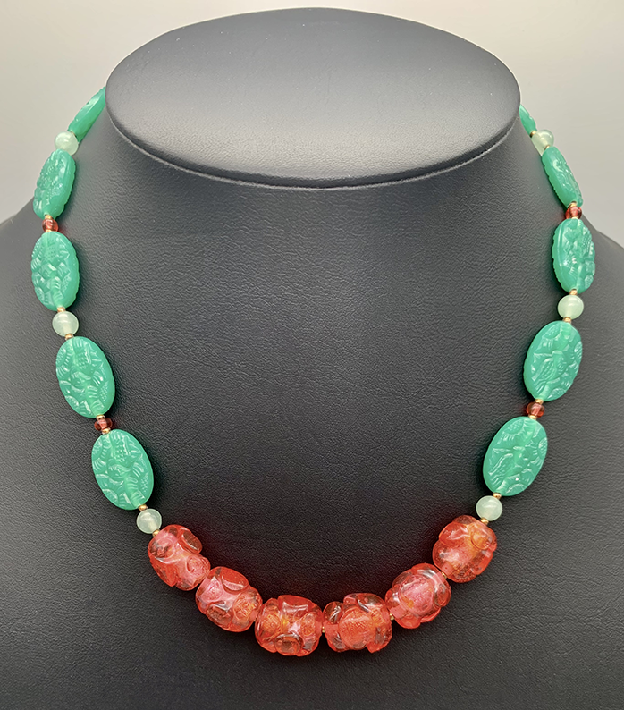 Necklace Set | Watermelon palette — aqua-green pressed glass and vivid sparkling watermelon pink vintage glass beads