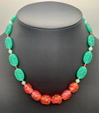 Necklace Set | Watermelon palette — aqua-green pressed glass and vivid sparkling watermelon pink vintage glass beads