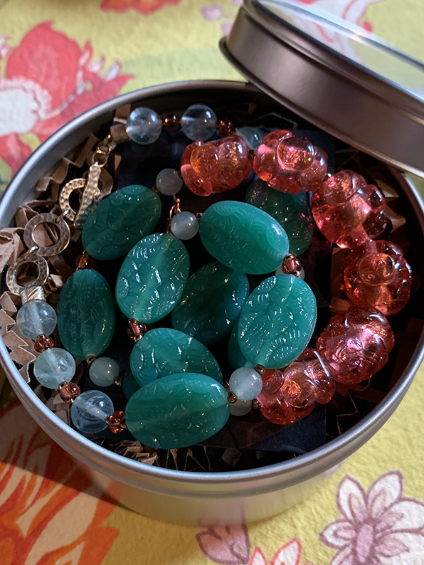 Necklace Set | Watermelon palette — aqua-green pressed glass and vivid sparkling watermelon pink vintage glass beads
