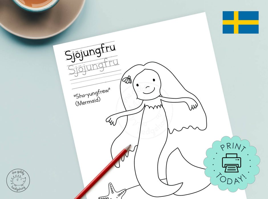 DIY Printable Swedish Mermaid Coloring Page Learn Language Tracing Letters Worksheet Kids Sweden Svensk Målarbok Målarsida Instant Download