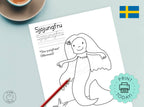 DIY Printable Swedish Mermaid Coloring Page Learn Language Tracing Letters Worksheet Kids Sweden Svensk Målarbok Målarsida Instant Download