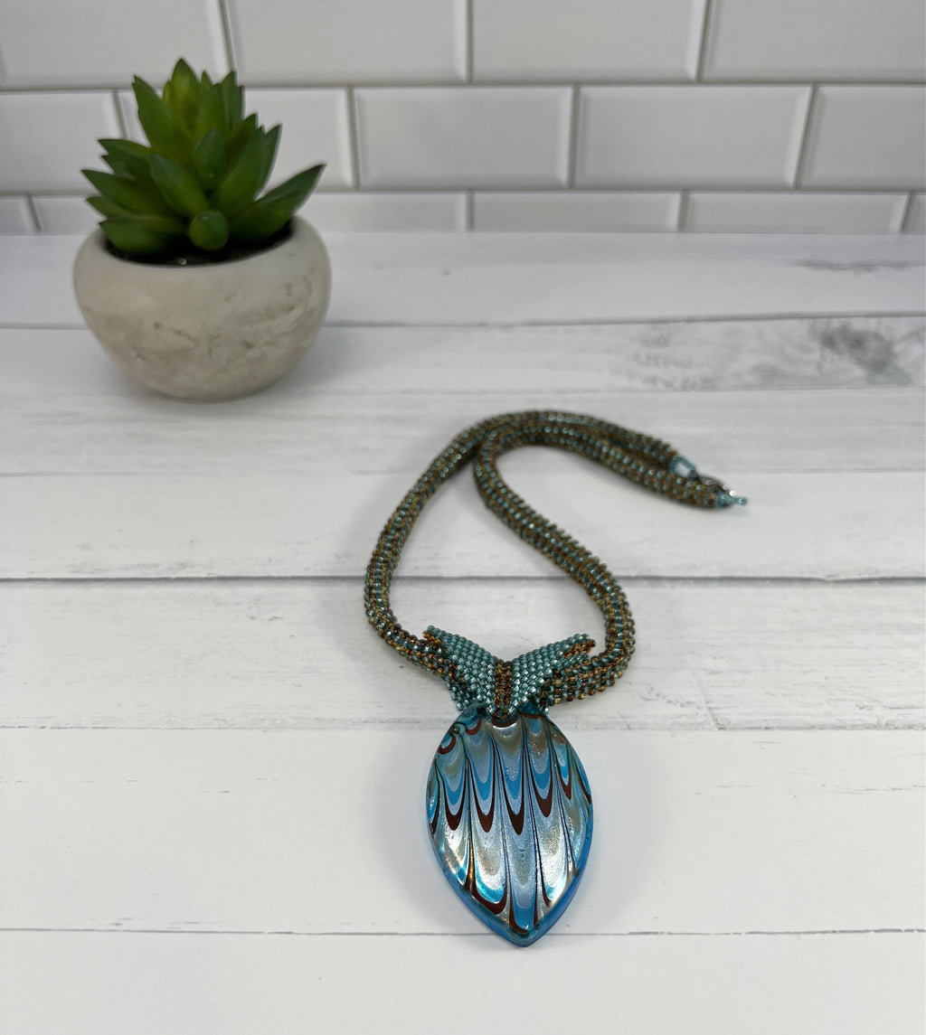 Teal and Brown Glass Pendant Necklace, Beaded Necklace, Nickel Free, 19 Inch