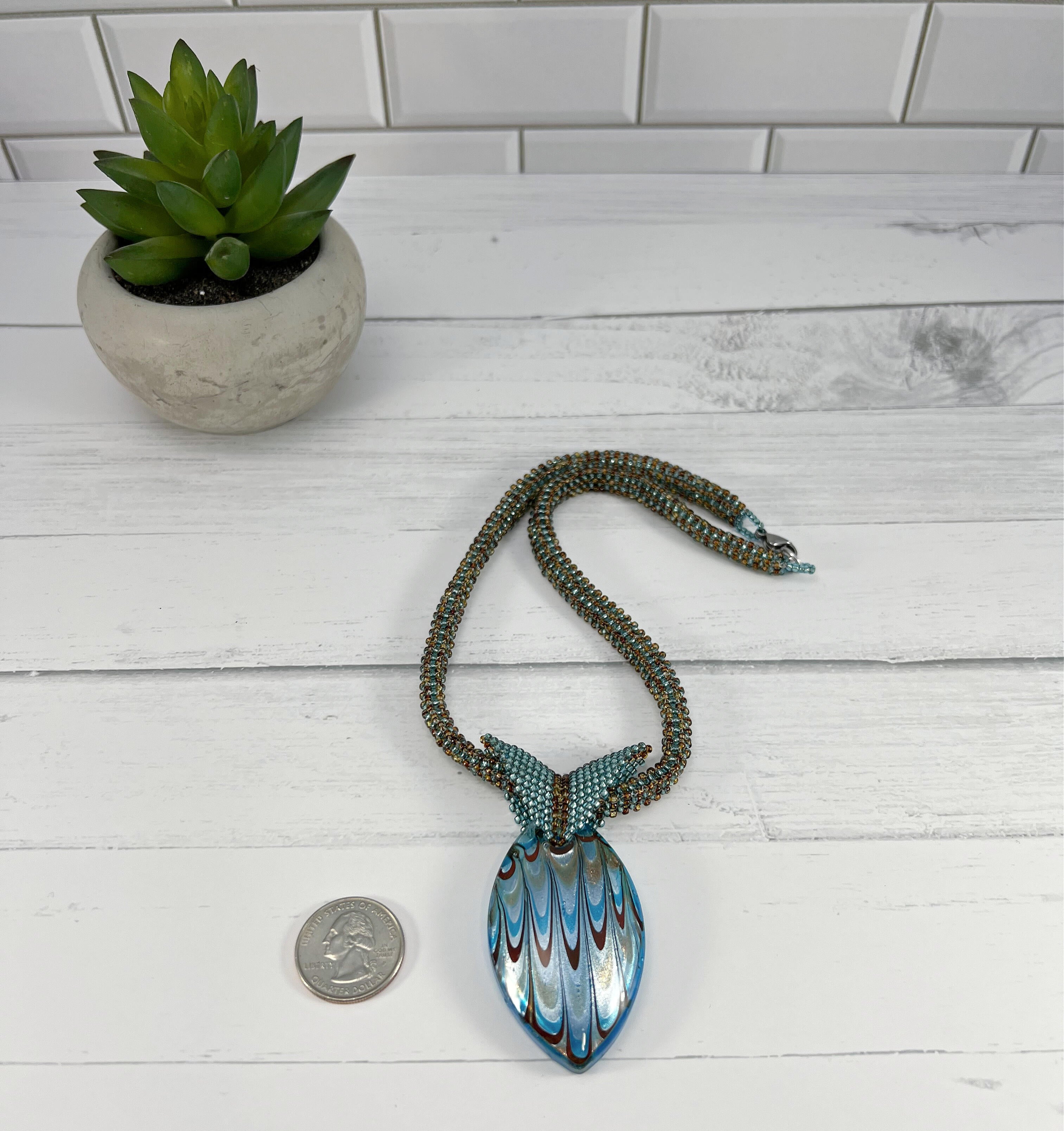 Teal and Brown Glass Pendant Necklace, Beaded Necklace, Nickel Free, 19 Inch