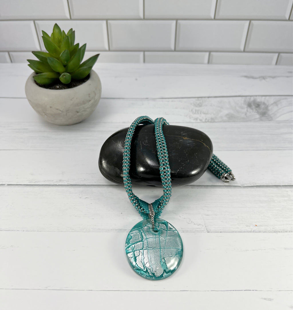 Teal and Silver Glass Pendant Necklace, Beaded Necklace, Nickel Free, 20 Inches