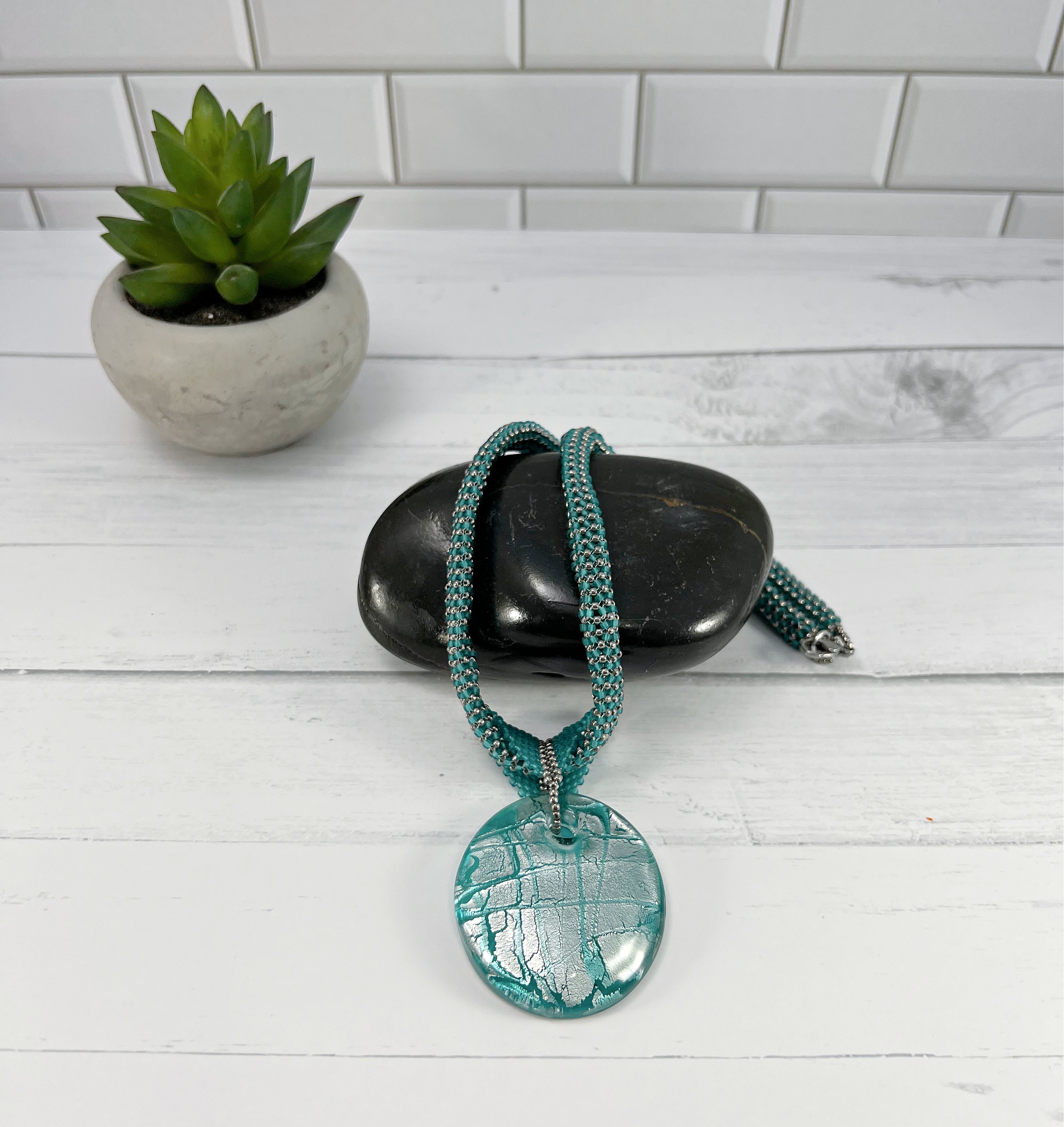 Teal and Silver Glass Pendant Necklace, Beaded Necklace, Nickel Free, 20 Inches