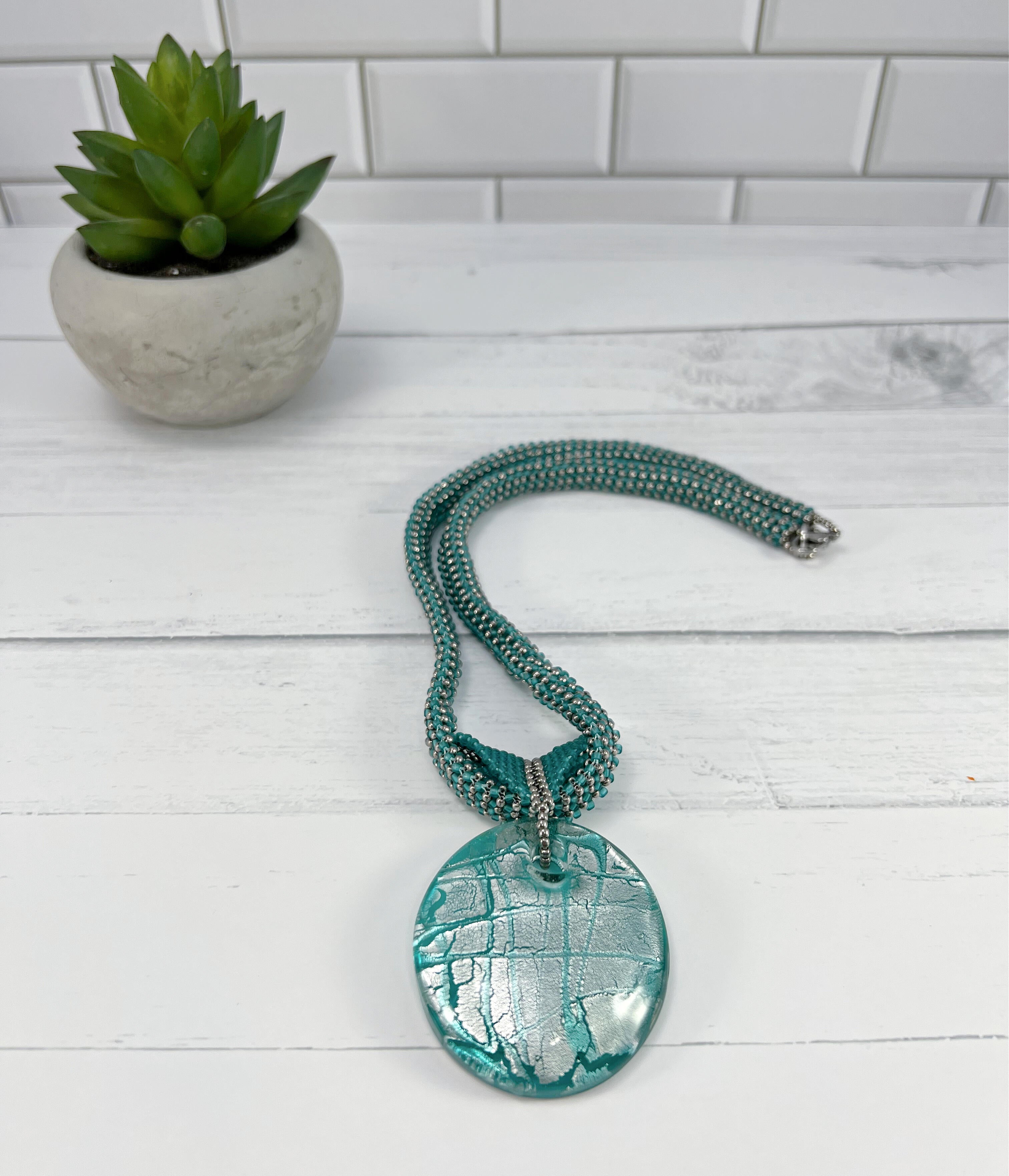 Teal and Silver Glass Pendant Necklace, Beaded Necklace, Nickel Free, 20 Inches