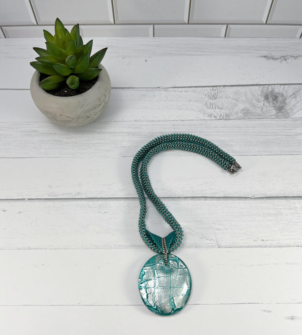 Teal and Silver Glass Pendant Necklace, Beaded Necklace, Nickel Free, 20 Inches