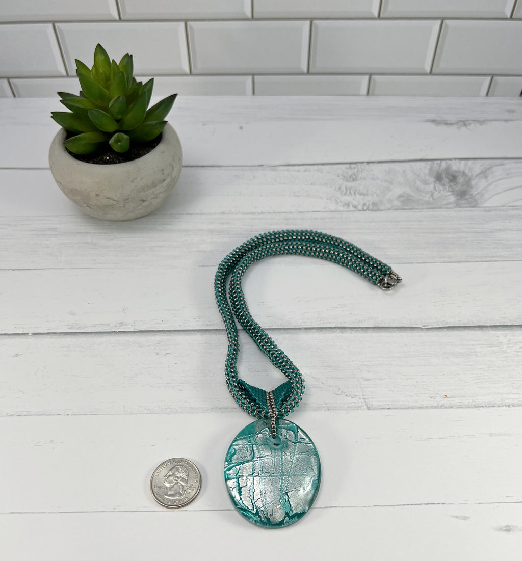 Teal and Silver Glass Pendant Necklace, Beaded Necklace, Nickel Free, 20 Inches