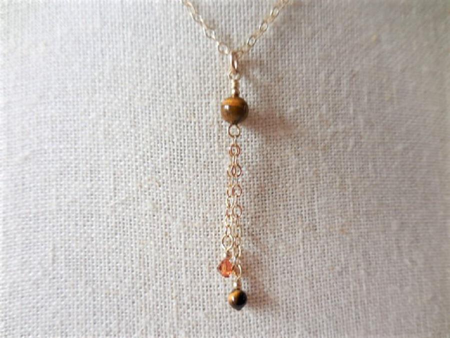 Gold Chain Necklace with Crystal and Tiger Eye Drop